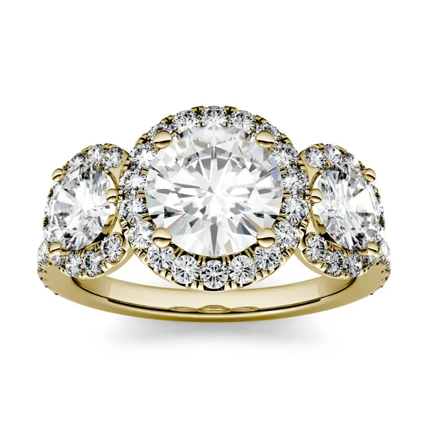 Round Brilliant Three Stone Accented Halo Engagement Ring
