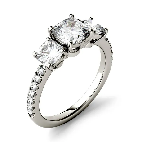 Cushion Trinity Accented Three-Stone Engagement Ring