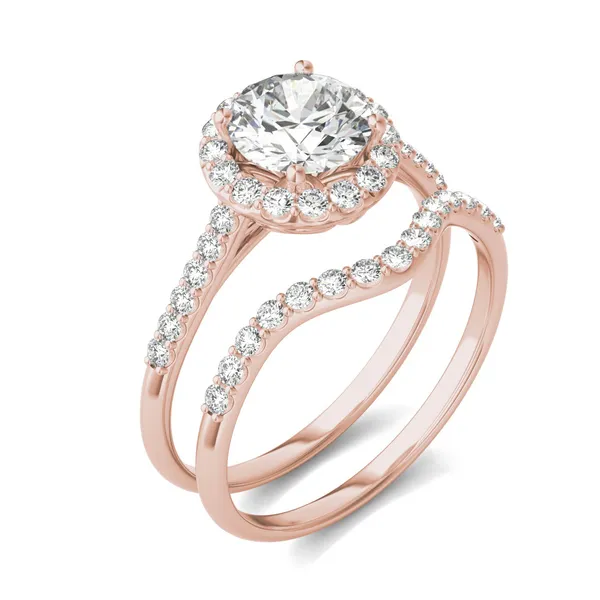 Round Brilliant Signature Accented Halo Bridal Set