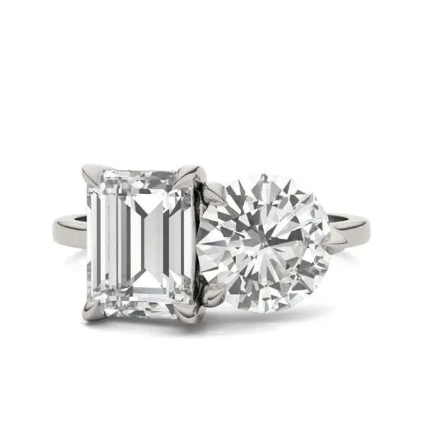 Round Brilliant and Emerald Toi et Moi Engagement Ring