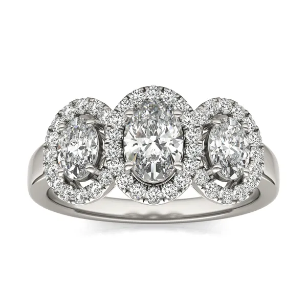 Oval Three-Stone Halo Ring