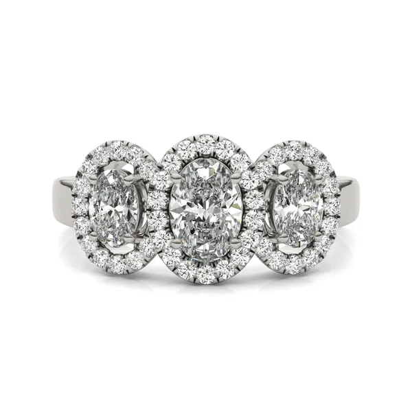 Oval Three-Stone Halo Ring