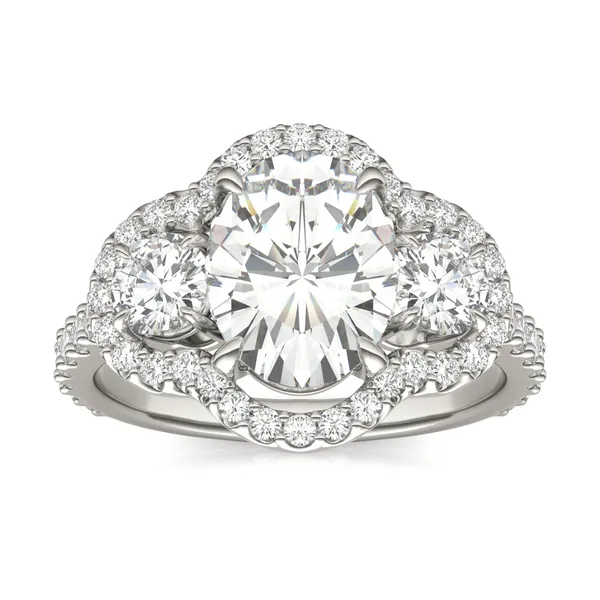 3.10 CTW DEW Oval Forever One Moissanite Three Stone Halo Engagement Ring in 14K White Gold