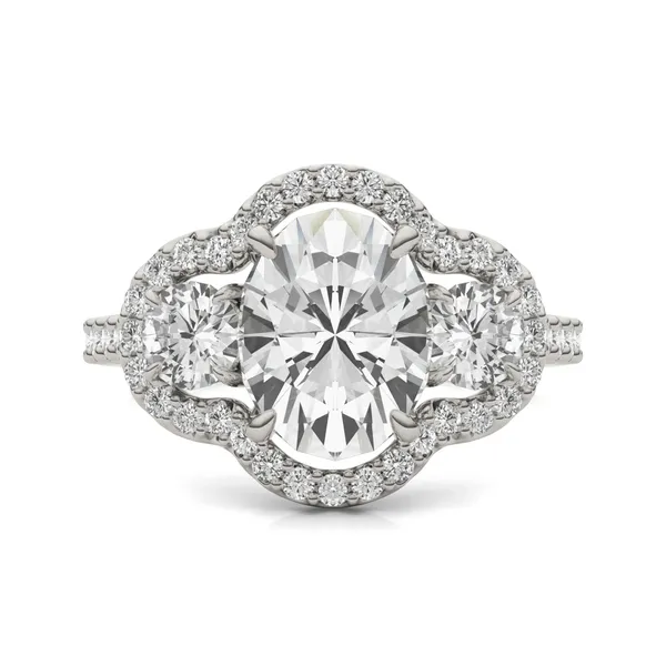 3.10 CTW DEW Oval Forever One Moissanite Three Stone Halo Engagement Ring in 14K White Gold