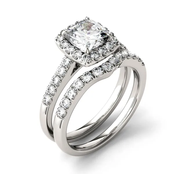 1.89 CTW DEW Moissanite Cushion Halo Bridal Set