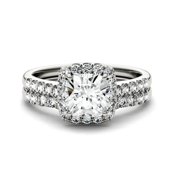 1.89 CTW DEW Moissanite Cushion Halo Bridal Set