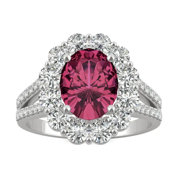 Ruby Oval Halo Split Shank Ring