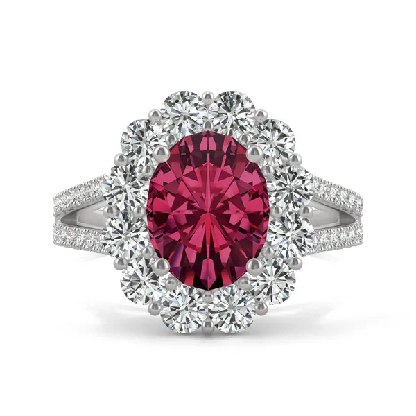 Ruby Oval Halo Split Shank Ring