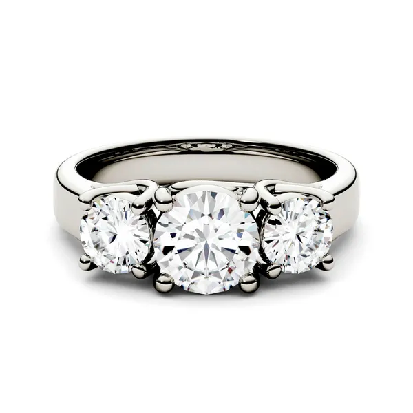 2.00 CTW DEW Round Moissanite Three Stone Fashion Ring in 14K White Gold
