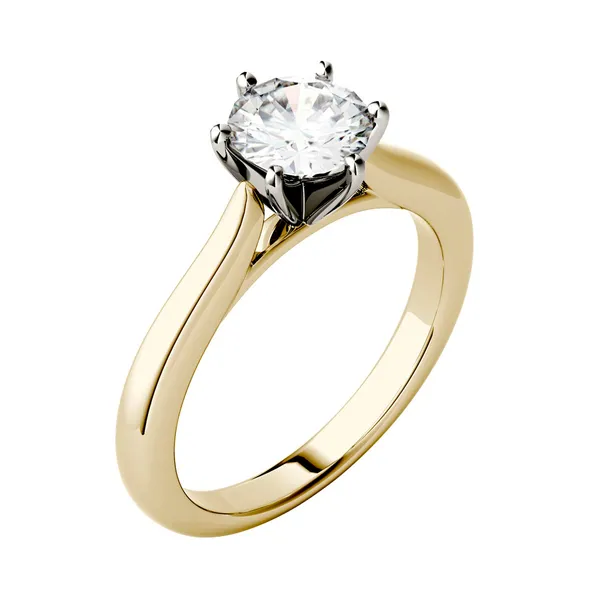 1.00 CTW DEW Round Forever One Moissanite Solitaire Six Prong Ring in 14K Two-Tone White and Yellow Gold