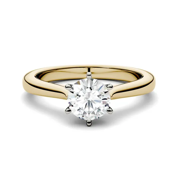 1.00 CTW DEW Round Forever One Moissanite Solitaire Six Prong Ring in 14K Two-Tone White and Yellow Gold