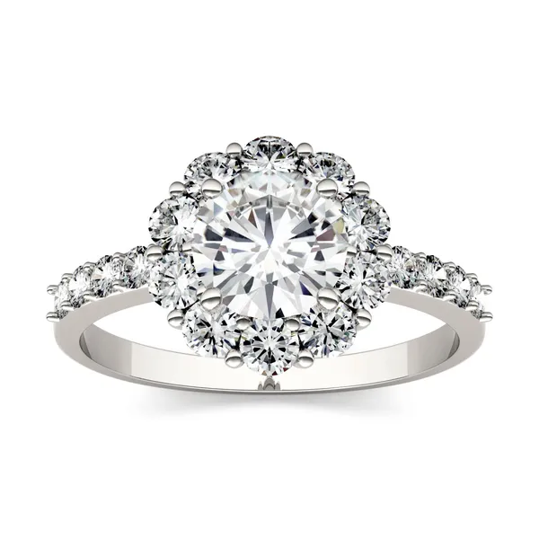 1.78 CTW DEW Round Forever One Moissanite Halo Engagement Ring in 14K White Gold