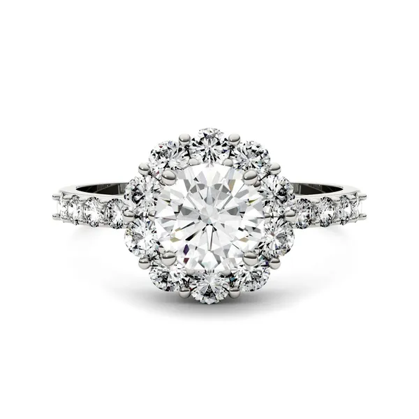 1.78 CTW DEW Round Forever One Moissanite Halo Engagement Ring in 14K White Gold