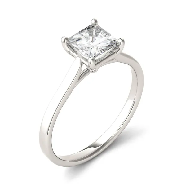 0.90 CTW DEW Princess Forever One Moissanite Cathedral Solitaire Engagement Ring in 14K White Gold