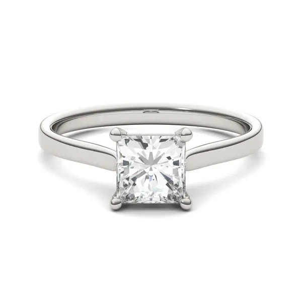 0.90 CTW DEW Princess Forever One Moissanite Cathedral Solitaire Engagement Ring in 14K White Gold