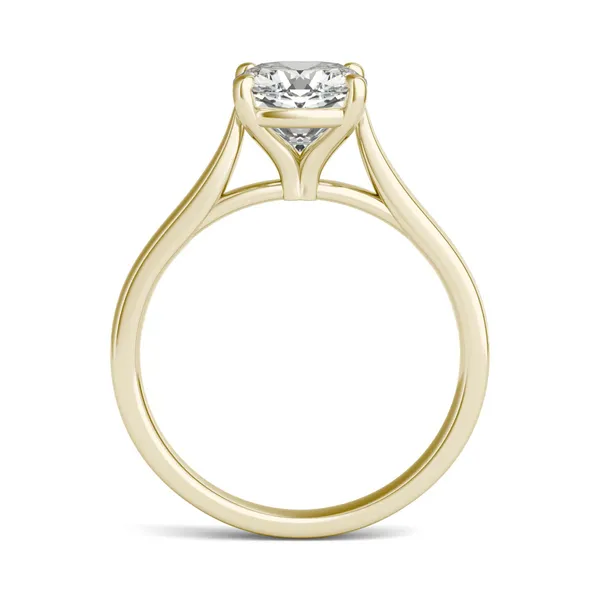 2.00 CTW DEW Cushion Forever One Moissanite Cathedral Solitaire Engagement Ring in 14K Yellow Gold