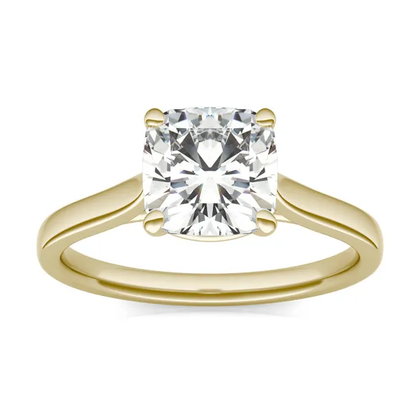 3.30 CTW DEW Cushion Forever One Moissanite Cathedral Solitaire Engagement Ring in 14K Yellow Gold