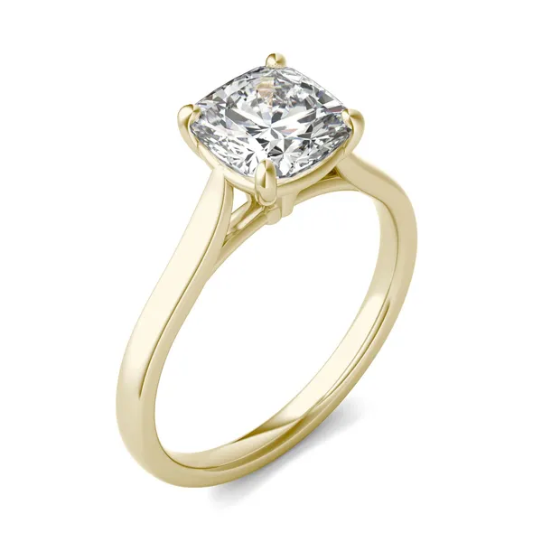 3.30 CTW DEW Cushion Forever One Moissanite Cathedral Solitaire Engagement Ring in 14K Yellow Gold