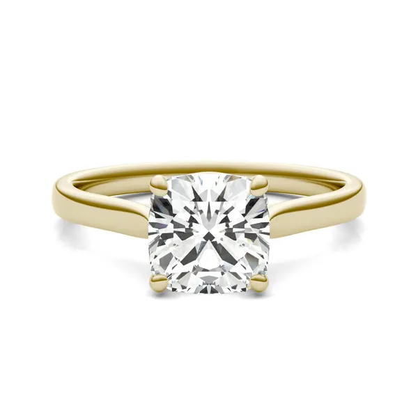 3.30 CTW DEW Cushion Forever One Moissanite Cathedral Solitaire Engagement Ring in 14K Yellow Gold