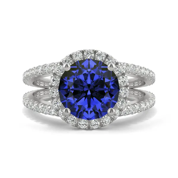 Sapphire Round Split Shank Halo Ring in 14K White Gold