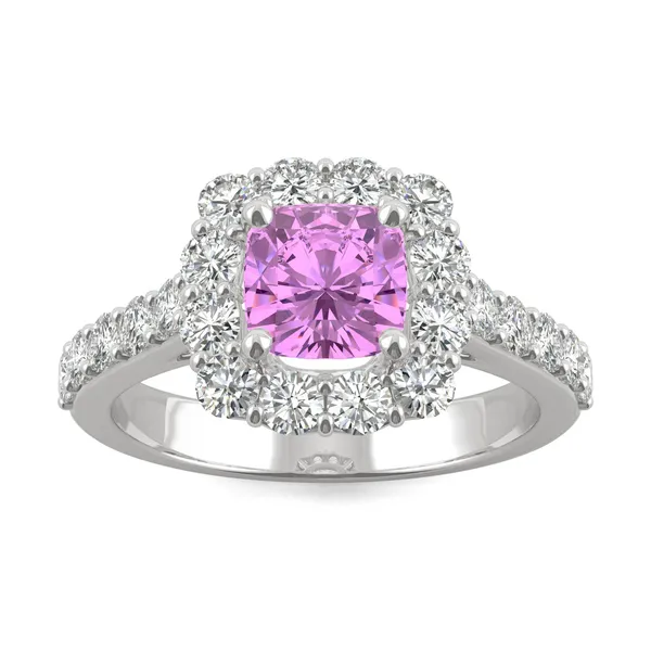 Pink Sapphire Cushion Halo Ring in 14K White Gold