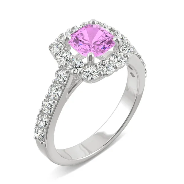 Pink Sapphire Cushion Halo Ring in 14K White Gold