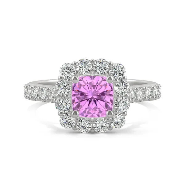 Pink Sapphire Cushion Halo Ring in 14K White Gold