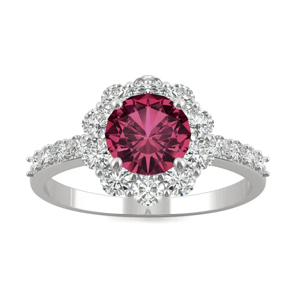 Ruby Round Flower Halo Engagement Ring in 14K White Gold