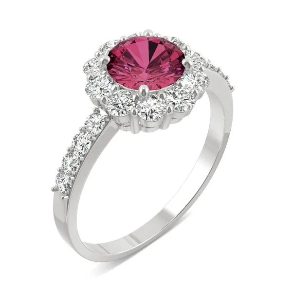 Ruby Round Flower Halo Engagement Ring in 14K White Gold