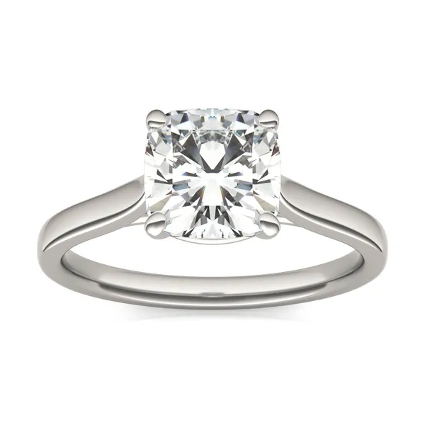 2.00 CTW DEW Cushion Forever One Moissanite Cathedral Solitaire Engagement Ring in 14K White Gold