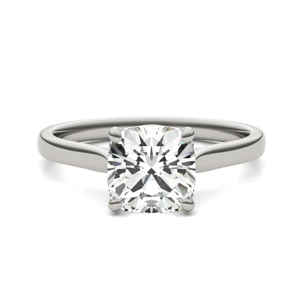 2.00 CTW DEW Cushion Forever One Moissanite Cathedral Solitaire Engagement Ring in 14K White Gold