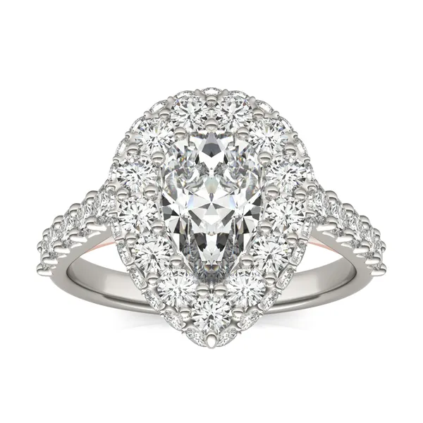 2.80 CTW DEW Pear Forever One Moissanite Cathedral Halo Engagement Ring in Two-Tone 14K White and Rose Gold