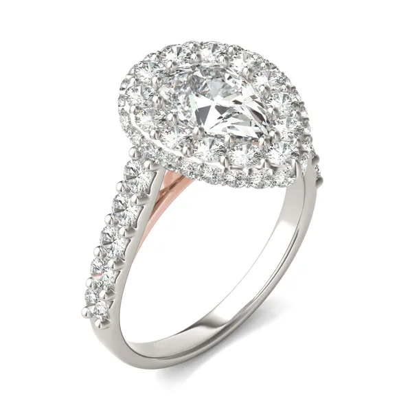 2.80 CTW DEW Pear Forever One Moissanite Cathedral Halo Engagement Ring in Two-Tone 14K White and Rose Gold
