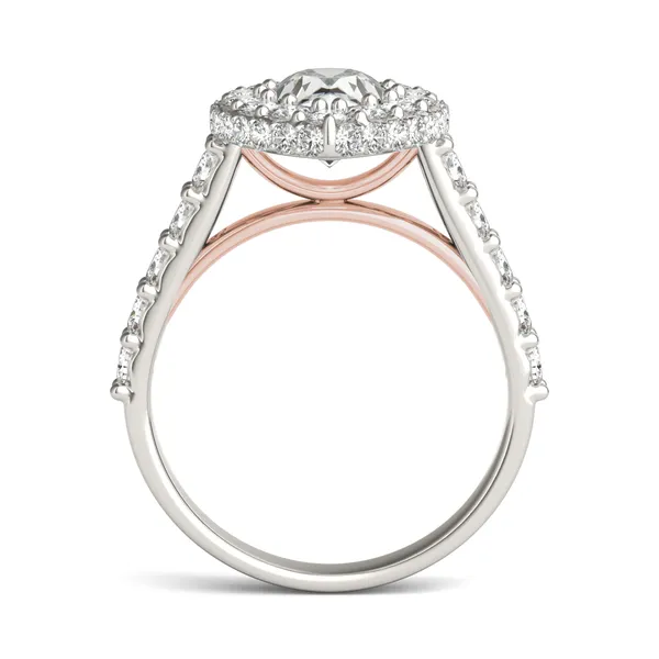 2.80 CTW DEW Pear Forever One Moissanite Cathedral Halo Engagement Ring in Two-Tone 14K White and Rose Gold