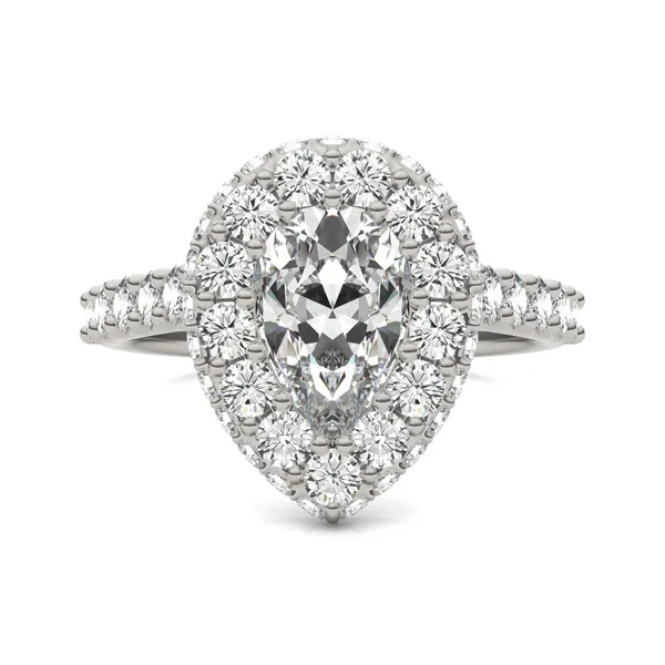 2.80 CTW DEW Pear Forever One Moissanite Cathedral Halo Engagement Ring in Two-Tone 14K White and Rose Gold