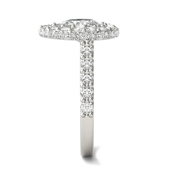 2.80 CTW DEW Pear Forever One Moissanite Cathedral Halo Engagement Ring in Two-Tone 14K White and Rose Gold