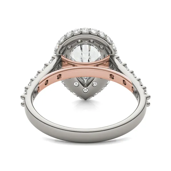 2.80 CTW DEW Pear Forever One Moissanite Cathedral Halo Engagement Ring in Two-Tone 14K White and Rose Gold