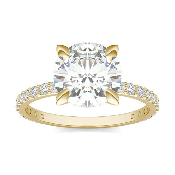 2.62 CTW DEW Round Forever One Moissanite Classic Side-Stone Engagement Ring in 14K Yellow Gold