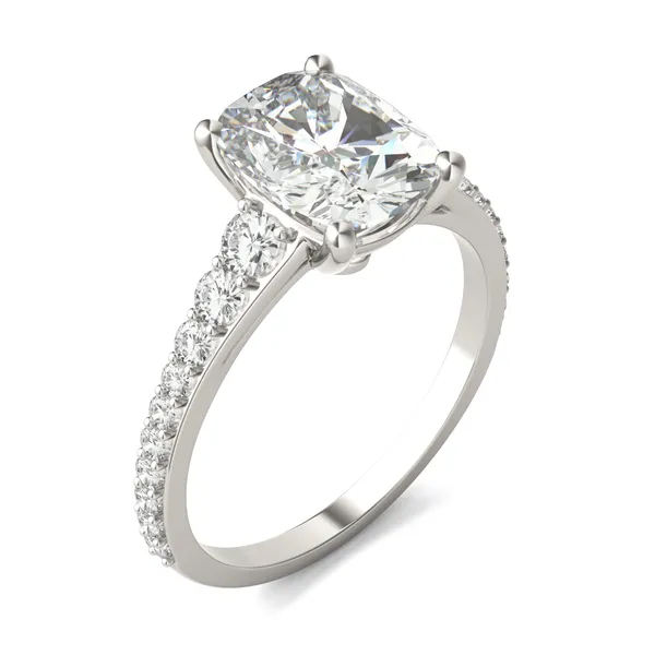 2.81 CTW DEW Elongated Cushion Forever One Moissanite Graduated Side-Stone Engagement Ring in 14K White Gold
