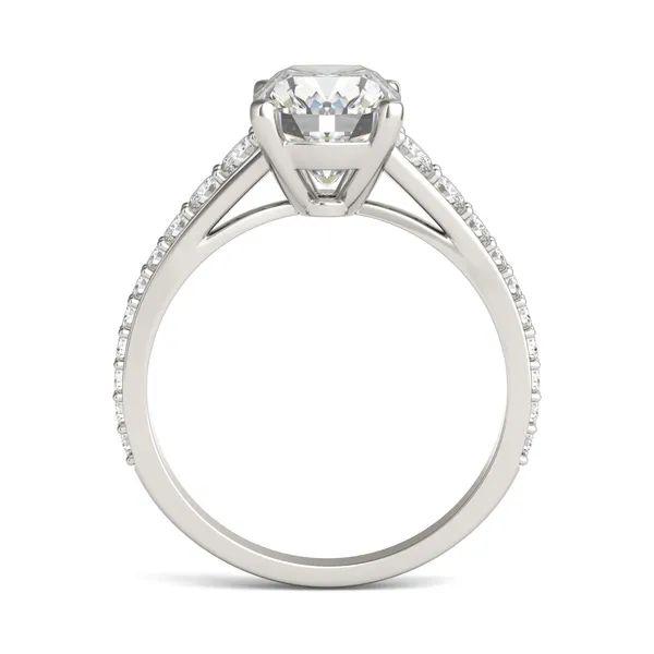 2.81 CTW DEW Elongated Cushion Forever One Moissanite Graduated Side-Stone Engagement Ring in 14K White Gold