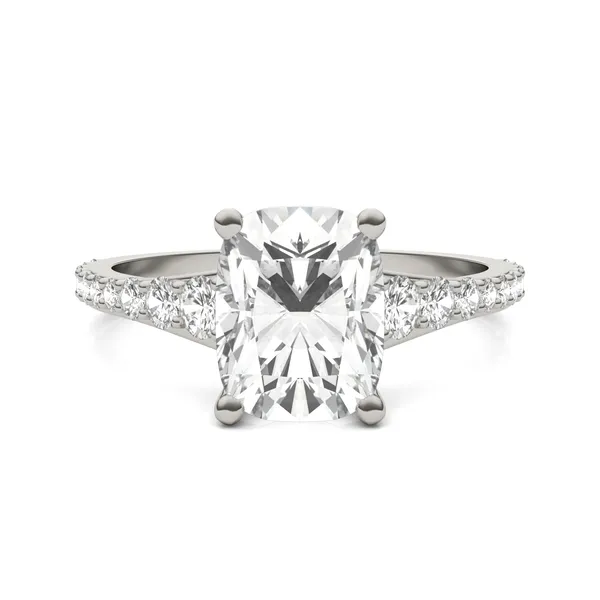 2.81 CTW DEW Elongated Cushion Forever One Moissanite Graduated Side-Stone Engagement Ring in 14K White Gold