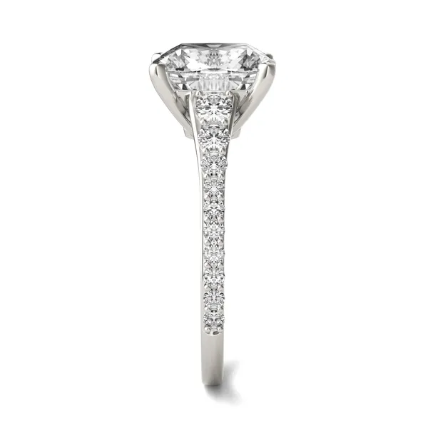 2.81 CTW DEW Elongated Cushion Forever One Moissanite Graduated Side-Stone Engagement Ring in 14K White Gold