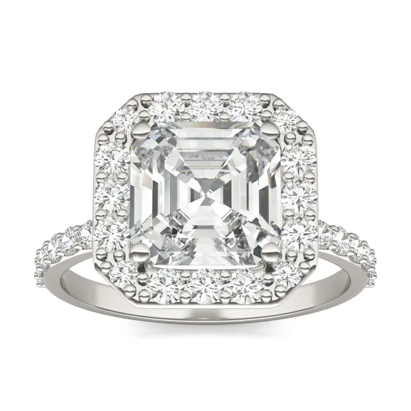 2.99 CTW DEW Asscher Forever One Moissanite Halo Engagement Ring in 14K White Gold