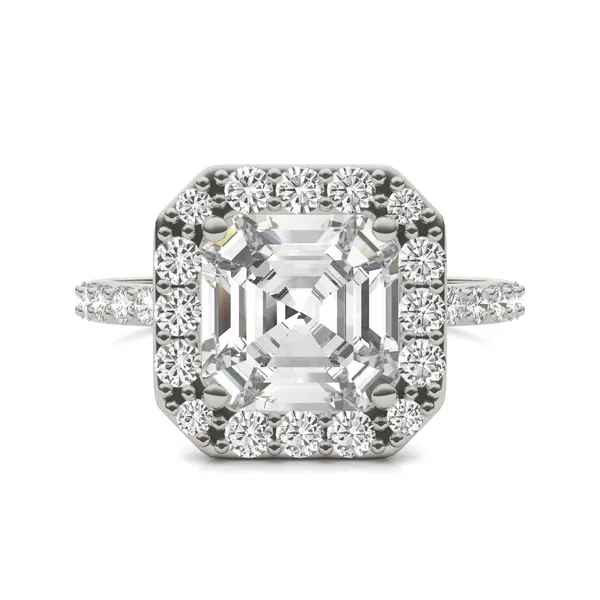 2.99 CTW DEW Asscher Forever One Moissanite Halo Engagement Ring in 14K White Gold