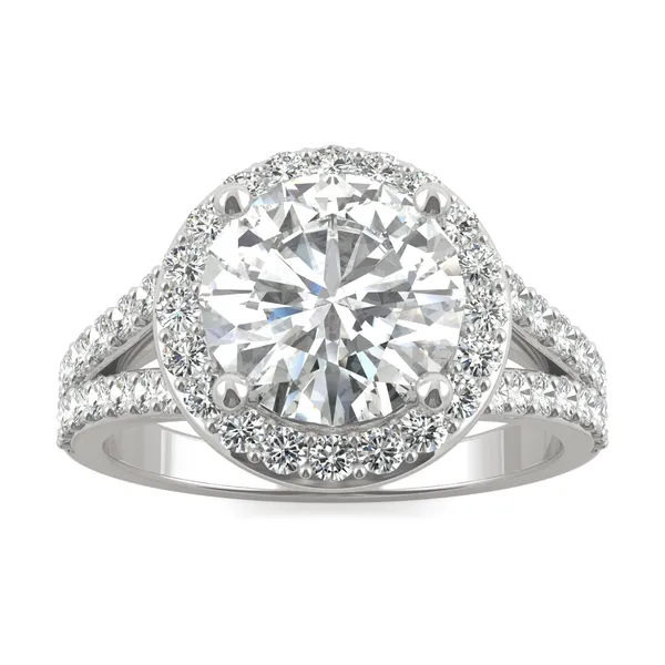 3.42 CTW DEW Round Moissanite Split Shank Halo Engagement Ring in 14K White Gold