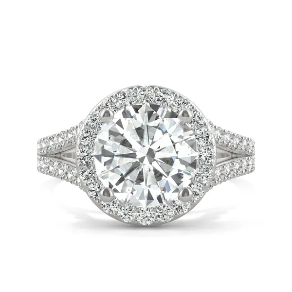 3.42 CTW DEW Round Moissanite Split Shank Halo Engagement Ring in 14K White Gold