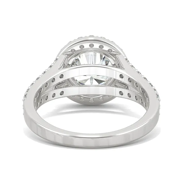 3.42 CTW DEW Round Moissanite Split Shank Halo Engagement Ring in 14K White Gold